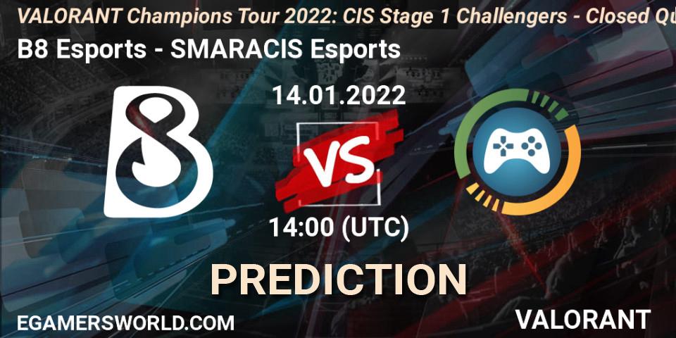 B8 Esports vs SMARACIS Esports: Betting TIp, Match Prediction. 14.01.2022 at 14:00. VALORANT, VCT 2022: CIS Stage 1 Challengers - Closed Qualifier 1