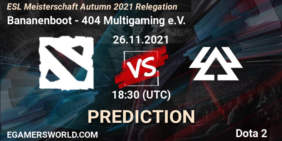 Bananenboot vs 404 Multigaming e.V.: Betting TIp, Match Prediction. 26.11.2021 at 18:30. Dota 2, ESL Meisterschaft Autumn 2021 Relegation