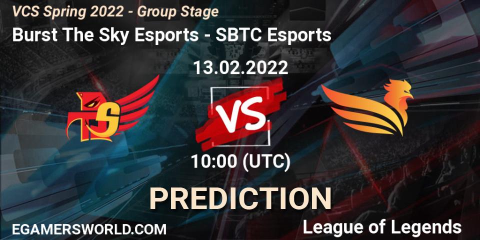 Burst The Sky Esports vs SBTC Esports: Betting TIp, Match Prediction. 13.02.2022 at 10:00. LoL, VCS Spring 2022 - Group Stage 
