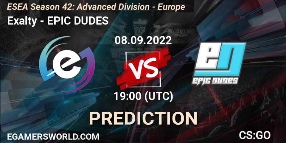 Exalty vs EPIC-DUDES: Betting TIp, Match Prediction. 08.09.2022 at 19:00. Counter-Strike (CS2), ESEA Season 42: Advanced Division - Europe