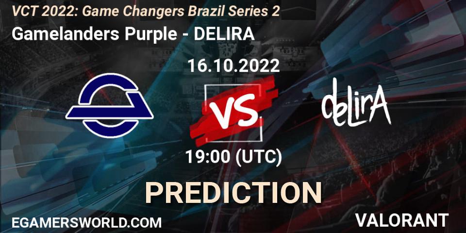 Gamelanders Purple vs DELIRA: Betting TIp, Match Prediction. 16.10.2022 at 18:30. VALORANT, VCT 2022: Game Changers Brazil Series 2