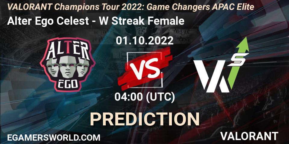 Alter Ego Celestè vs W Streak Female: Betting TIp, Match Prediction. 01.10.2022 at 04:00. VALORANT, VCT 2022: Game Changers APAC Elite