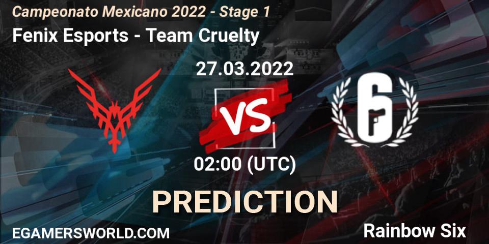 Fenix Esports vs Team Cruelty: Betting TIp, Match Prediction. 27.03.2022 at 03:30. Rainbow Six, Campeonato Mexicano 2022 - Stage 1