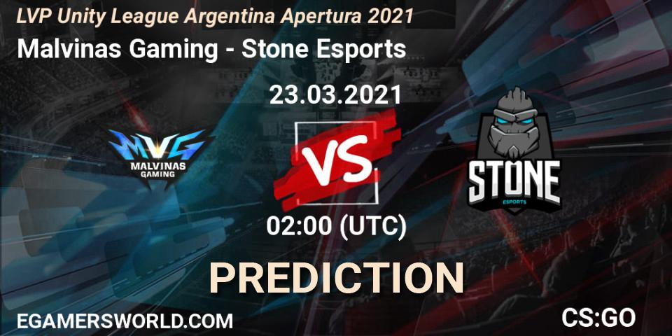 Malvinas Gaming vs Stone Esports: Betting TIp, Match Prediction. 23.03.2021 at 02:00. Counter-Strike (CS2), LVP Unity League Argentina Apertura 2021