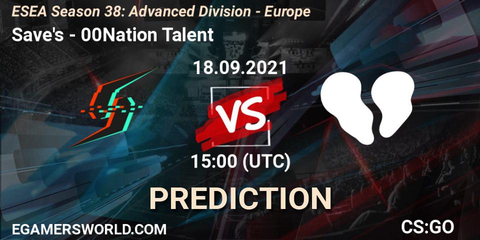 Save's vs 00Nation Talent: Betting TIp, Match Prediction. 18.09.2021 at 15:00. Counter-Strike (CS2), ESEA Season 38: Advanced Division - Europe