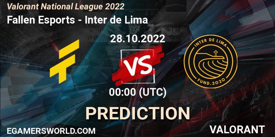 Fallen Esports vs Inter de Lima: Betting TIp, Match Prediction. 28.10.2022 at 00:00. VALORANT, Valorant National League 2022