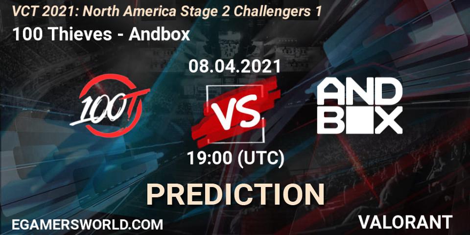100 Thieves vs Andbox: Betting TIp, Match Prediction. 08.04.2021 at 19:00. VALORANT, VCT 2021: North America Stage 2 Challengers 1