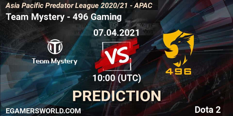 Team Mystery vs 496 Gaming: Betting TIp, Match Prediction. 07.04.2021 at 10:55. Dota 2, Asia Pacific Predator League 2020/21 - APAC