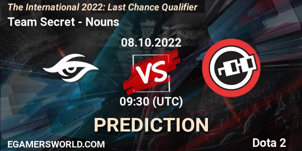 Team Secret vs Nouns: Betting TIp, Match Prediction. 08.10.2022 at 09:42. Dota 2, The International 2022: Last Chance Qualifier