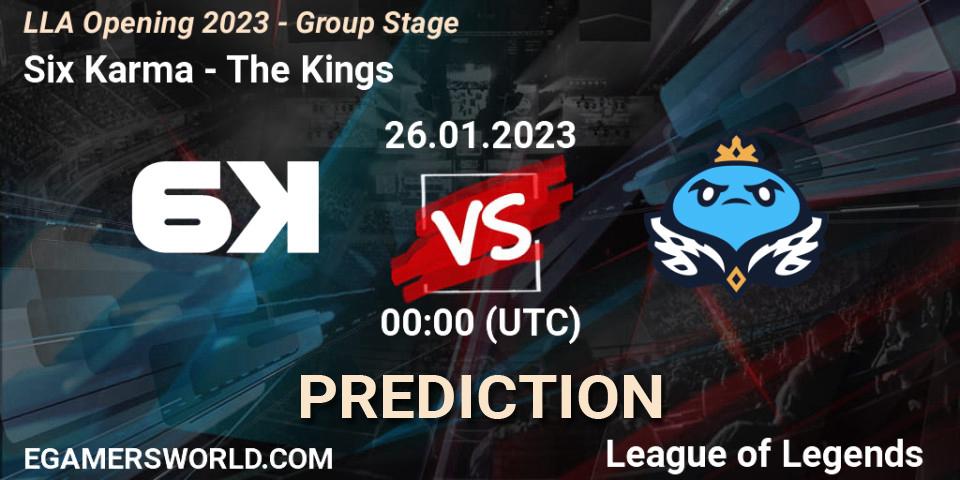 Six Karma vs The Kings: Betting TIp, Match Prediction. 26.01.2023 at 00:00. LoL, LLA Opening 2023 - Group Stage