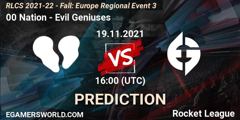 00 Nation vs Evil Geniuses: Betting TIp, Match Prediction. 19.11.2021 at 16:00. Rocket League, RLCS 2021-22 - Fall: Europe Regional Event 3