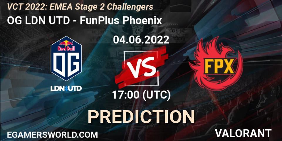 OG LDN UTD vs FunPlus Phoenix: Betting TIp, Match Prediction. 04.06.2022 at 17:00. VALORANT, VCT 2022: EMEA Stage 2 Challengers