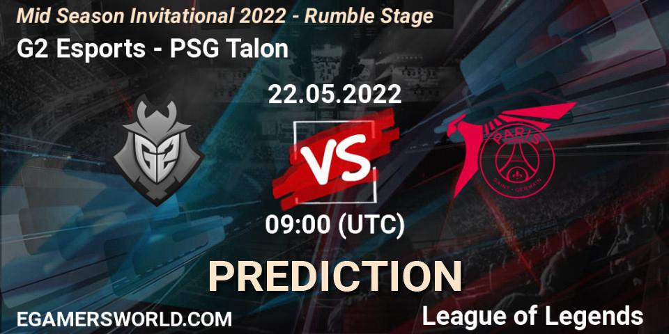 G2 Esports vs PSG Talon: Betting TIp, Match Prediction. 22.05.2022 at 09:00. LoL, Mid Season Invitational 2022 - Rumble Stage
