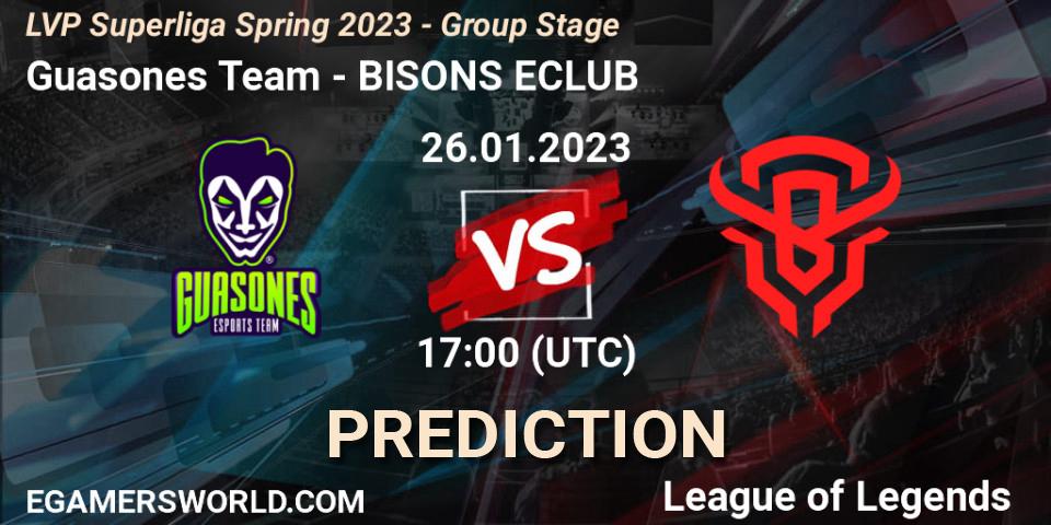 Guasones Team vs BISONS ECLUB: Betting TIp, Match Prediction. 26.01.2023 at 17:00. LoL, LVP Superliga Spring 2023 - Group Stage