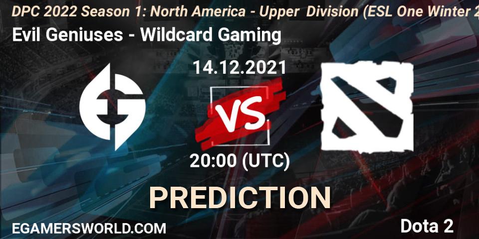 Evil Geniuses vs Wildcard Gaming: Betting TIp, Match Prediction. 14.12.2021 at 19:58. Dota 2, DPC 2022 Season 1: North America - Upper Division (ESL One Winter 2021)