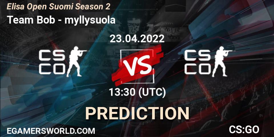 Team Bob vs myllysuola: Betting TIp, Match Prediction. 23.04.2022 at 13:30. Counter-Strike (CS2), Elisa Open Suomi Season 2