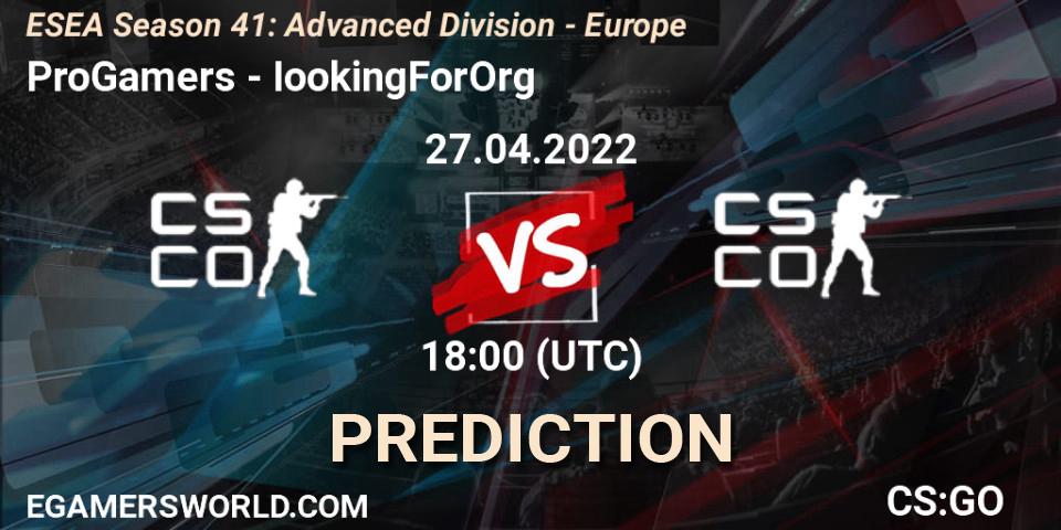 ProGamers vs IookingForOrg: Betting TIp, Match Prediction. 27.04.2022 at 18:00. Counter-Strike (CS2), ESEA Season 41: Advanced Division - Europe