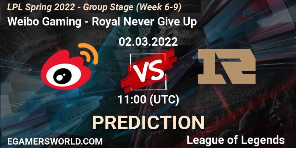 Weibo Gaming vs Royal Never Give Up: Betting TIp, Match Prediction. 02.03.2022 at 11:15. LoL, LPL Spring 2022 - Group Stage (Week 6-9)