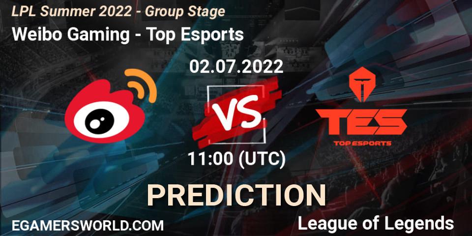Weibo Gaming vs Top Esports: Betting TIp, Match Prediction. 02.07.2022 at 13:18. LoL, LPL Summer 2022 - Group Stage