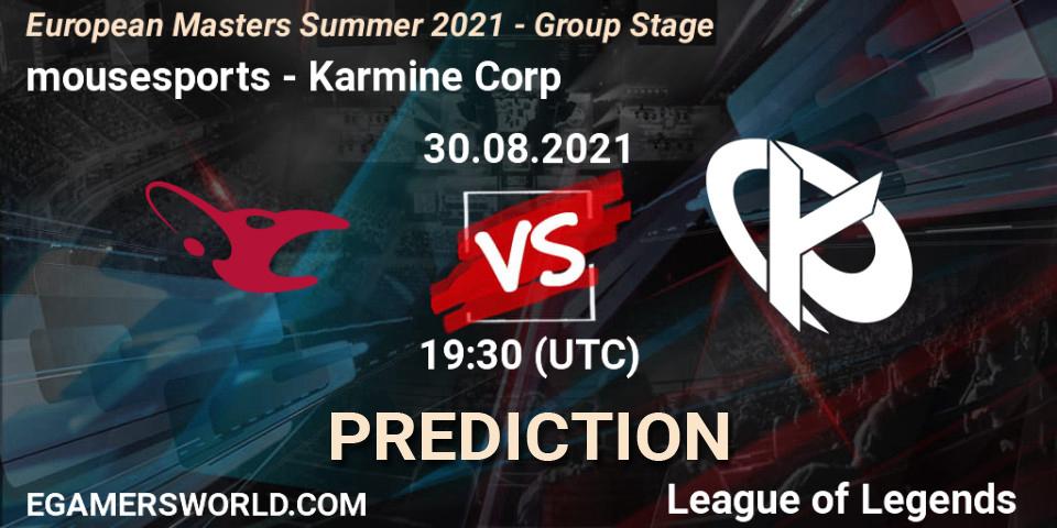 mousesports vs Karmine Corp: Betting TIp, Match Prediction. 30.08.2021 at 19:10. LoL, European Masters Summer 2021 - Group Stage