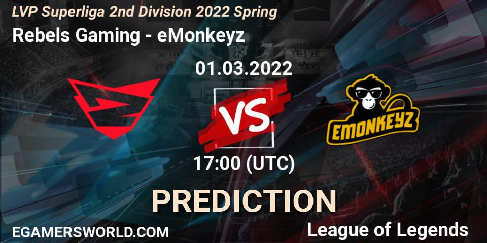 Rebels Gaming vs eMonkeyz: Betting TIp, Match Prediction. 01.03.2022 at 20:00. LoL, LVP Superliga 2nd Division 2022 Spring