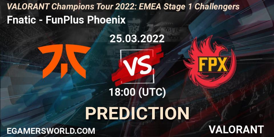 Fnatic vs FunPlus Phoenix: Betting TIp, Match Prediction. 25.03.2022 at 15:00. VALORANT, VCT 2022: EMEA Stage 1 Challengers
