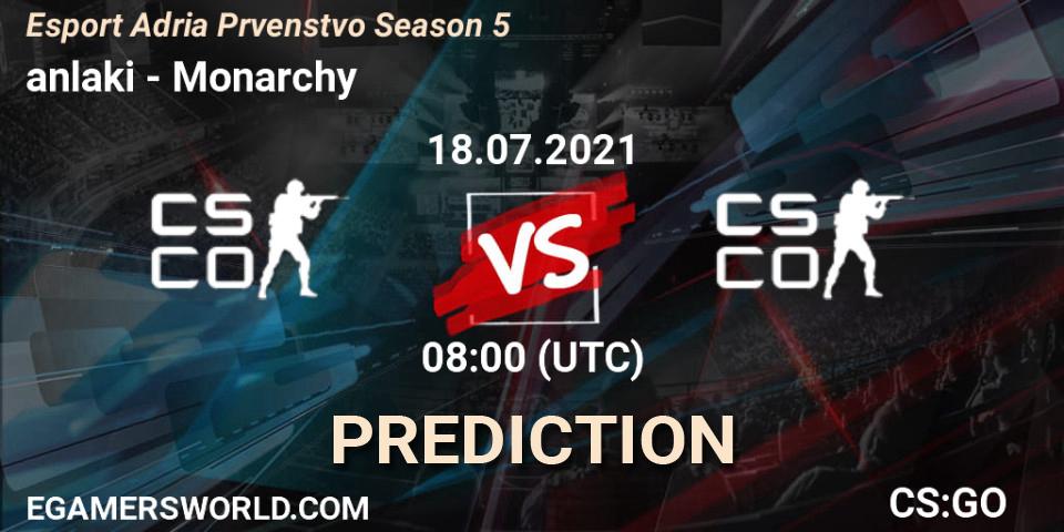 anlaki vs Monarchy: Betting TIp, Match Prediction. 18.07.2021 at 08:00. Counter-Strike (CS2), Esport Adria Prvenstvo Season 5