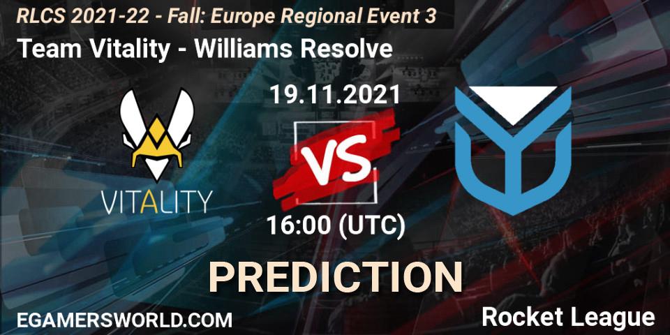 Team Vitality vs Williams Resolve: Betting TIp, Match Prediction. 19.11.2021 at 16:00. Rocket League, RLCS 2021-22 - Fall: Europe Regional Event 3