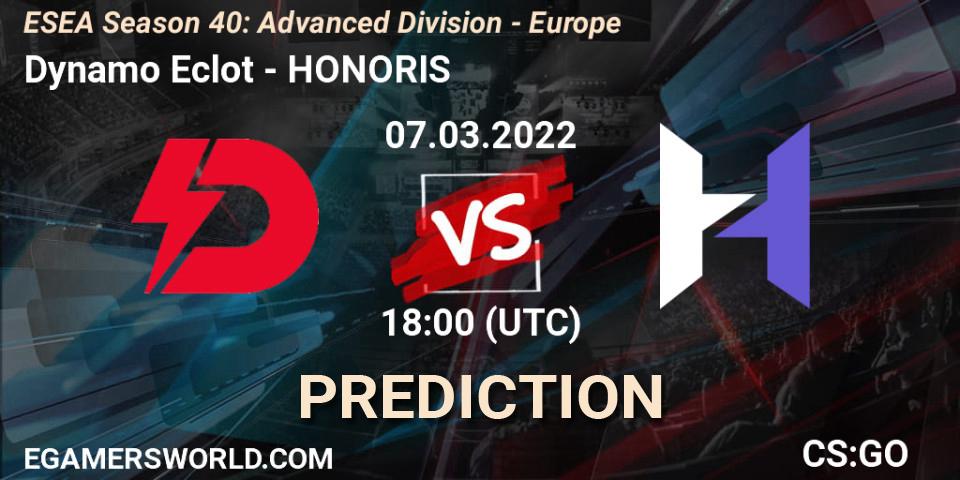 Dynamo Eclot vs HONORIS: Betting TIp, Match Prediction. 07.03.2022 at 18:00. Counter-Strike (CS2), ESEA Season 40: Advanced Division - Europe