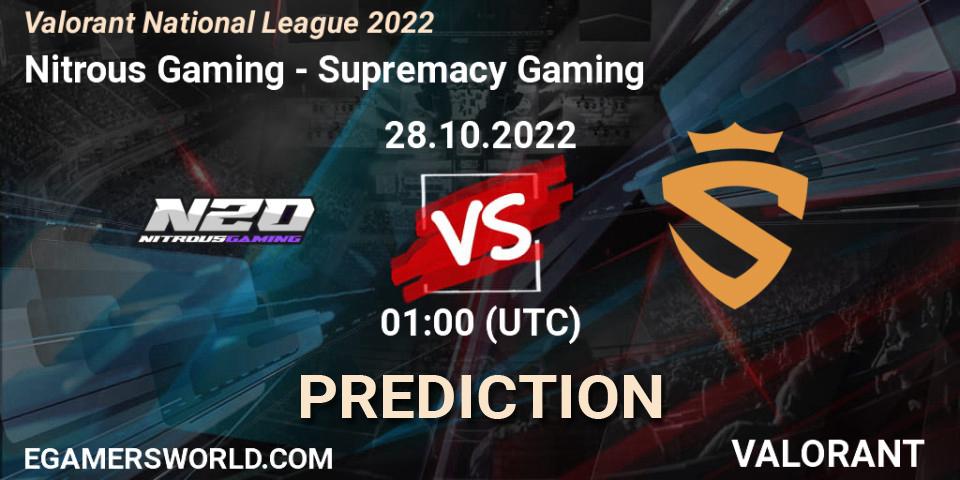 Nitrous Gaming vs Supremacy Gaming: Betting TIp, Match Prediction. 28.10.2022 at 01:00. VALORANT, Valorant National League 2022