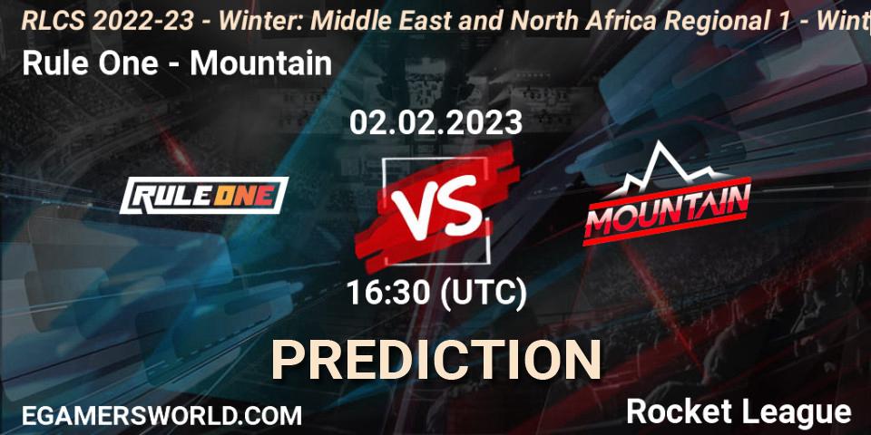Rule One vs Mountain: Betting TIp, Match Prediction. 02.02.2023 at 16:30. Rocket League, RLCS 2022-23 - Winter: Middle East and North Africa Regional 1 - Winter Open