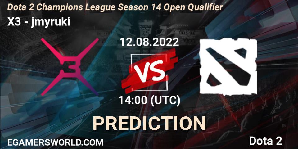 X3 vs jmyruki: Betting TIp, Match Prediction. 12.08.2022 at 13:00. Dota 2, Dota 2 Champions League Season 14 Open Qualifier