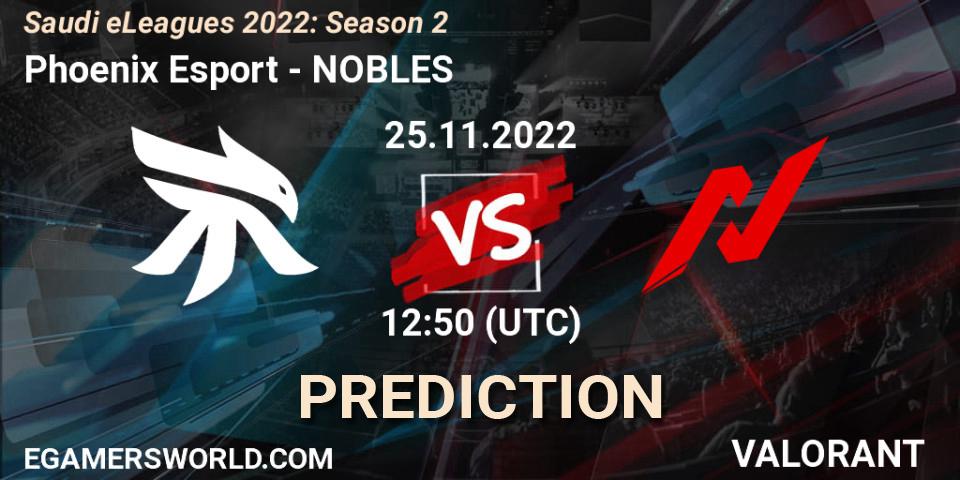 Phoenix Esport vs NOBLES: Betting TIp, Match Prediction. 25.11.2022 at 12:50. VALORANT, Saudi eLeagues 2022: Season 2