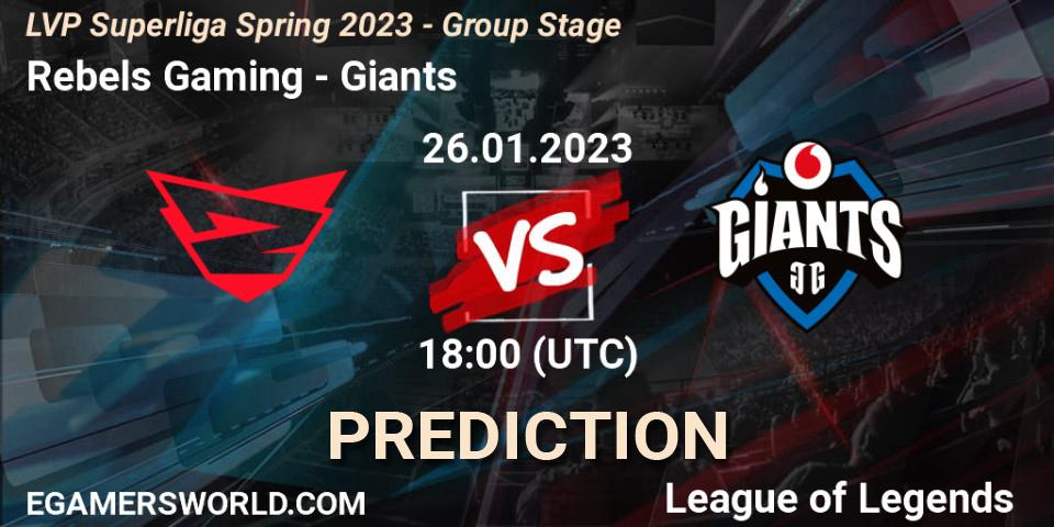 Rebels Gaming vs Giants: Betting TIp, Match Prediction. 26.01.2023 at 18:00. LoL, LVP Superliga Spring 2023 - Group Stage