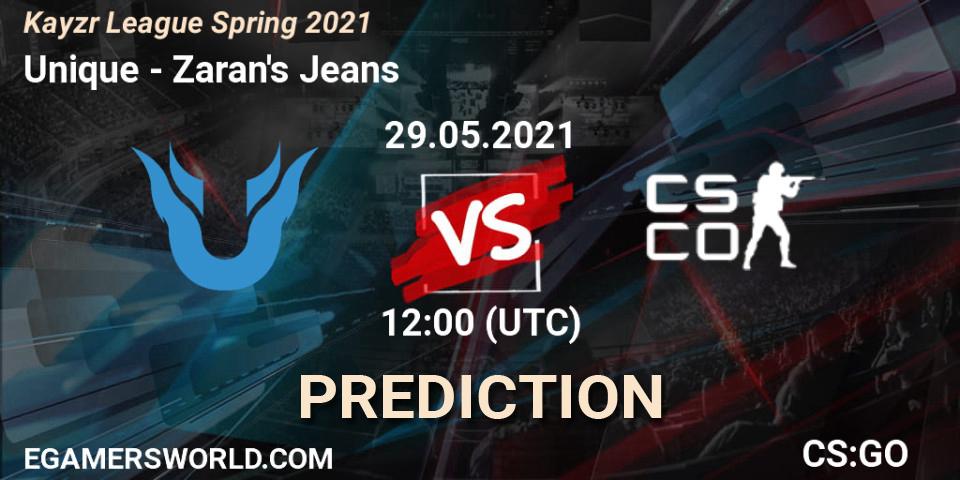 Unique vs Zaran's Jeans: Betting TIp, Match Prediction. 29.05.2021 at 12:00. Counter-Strike (CS2), Kayzr League Spring 2021