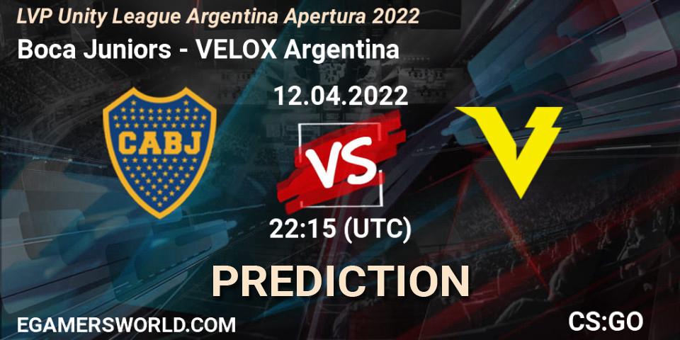 Boca Juniors vs VELOX Argentina: Betting TIp, Match Prediction. 12.04.2022 at 22:40. Counter-Strike (CS2), LVP Unity League Argentina Apertura 2022