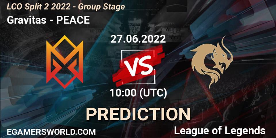 Gravitas vs PEACE: Betting TIp, Match Prediction. 27.06.2022 at 10:00. LoL, LCO Split 2 2022 - Group Stage