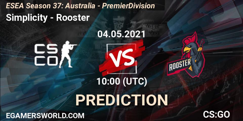 Simplicity vs Rooster: Betting TIp, Match Prediction. 04.05.2021 at 10:00. Counter-Strike (CS2), ESEA Season 37: Australia - Premier Division