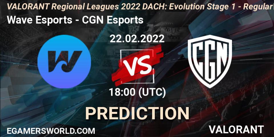 Wave Esports vs CGN Esports: Betting TIp, Match Prediction. 22.02.2022 at 18:00. VALORANT, VALORANT Regional Leagues 2022 DACH: Evolution Stage 1 - Regular Season