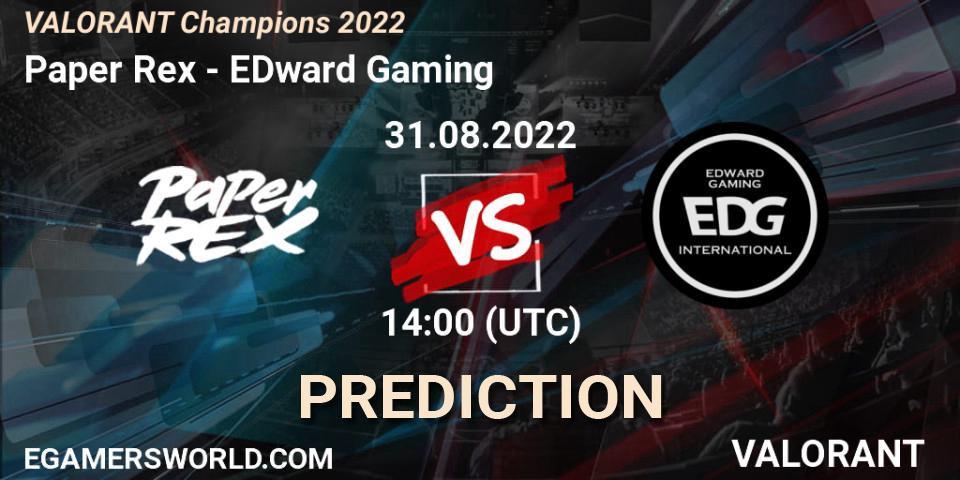 Paper Rex vs EDward Gaming: Betting TIp, Match Prediction. 31.08.2022 at 14:20. VALORANT, VALORANT Champions 2022
