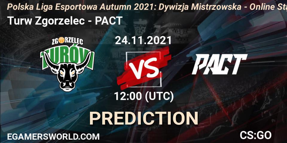 Turów Zgorzelec vs PACT: Betting TIp, Match Prediction. 24.11.2021 at 12:00. Counter-Strike (CS2), Polska Liga Esportowa Autumn 2021: Dywizja Mistrzowska - Online Stage