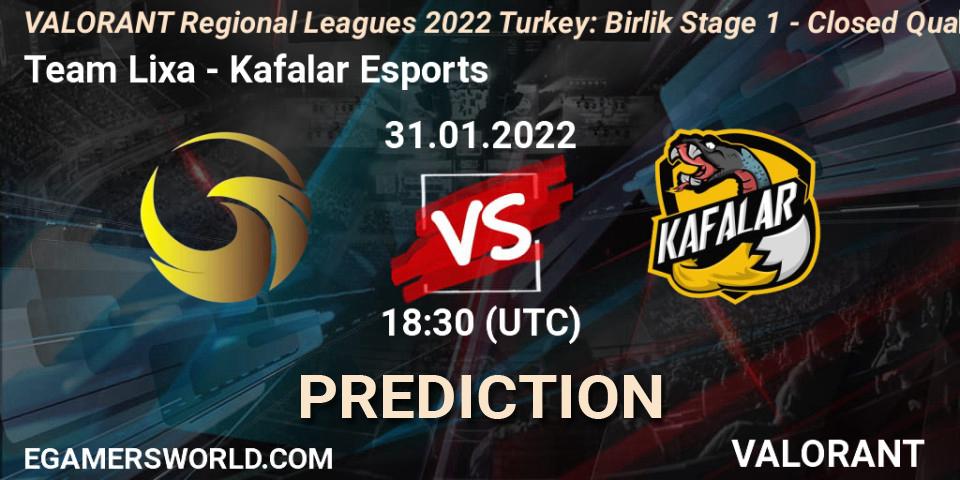 Team Lixa vs Kafalar Esports: Betting TIp, Match Prediction. 31.01.2022 at 17:30. VALORANT, VALORANT Regional Leagues 2022 Turkey: Birlik Stage 1 - Closed Qualifier