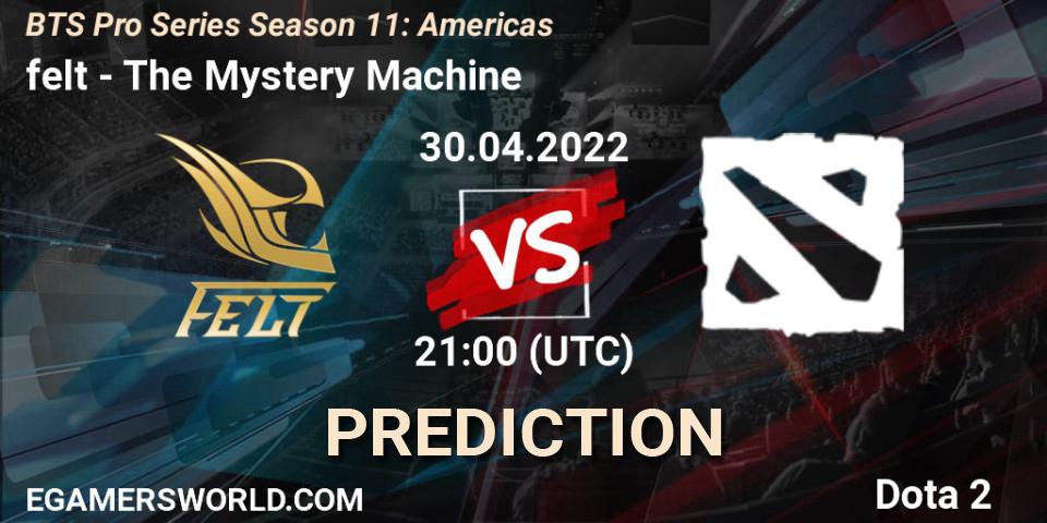 felt vs The Mystery Machine: Betting TIp, Match Prediction. 30.04.2022 at 21:00. Dota 2, BTS Pro Series Season 11: Americas
