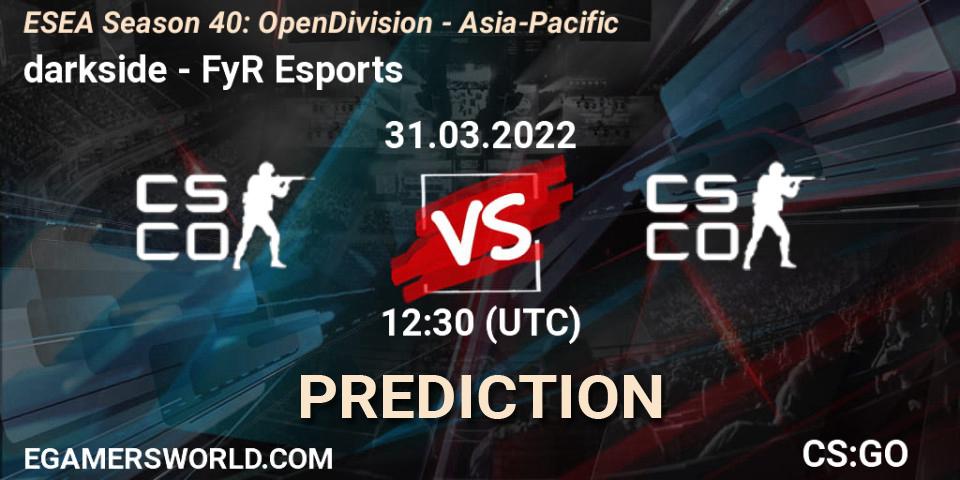 darkside vs FyR Esports: Betting TIp, Match Prediction. 01.04.2022 at 13:30. Counter-Strike (CS2), ESEA Season 40: Open Division - Asia-Pacific