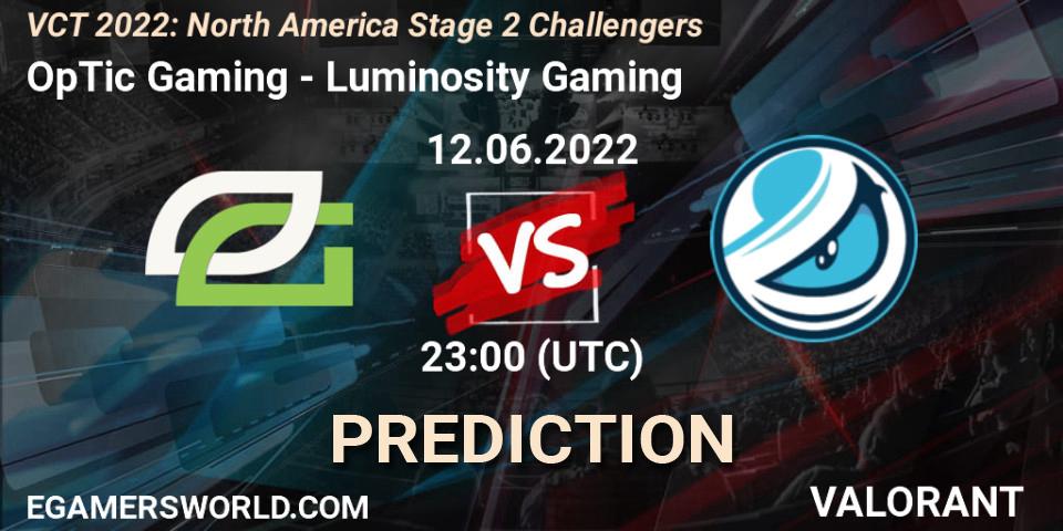 OpTic Gaming vs Luminosity Gaming: Betting TIp, Match Prediction. 12.06.2022 at 22:05. VALORANT, VCT 2022: North America Stage 2 Challengers