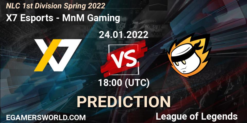 X7 Esports vs MnM Gaming: Betting TIp, Match Prediction. 24.01.2022 at 18:00. LoL, NLC 1st Division Spring 2022