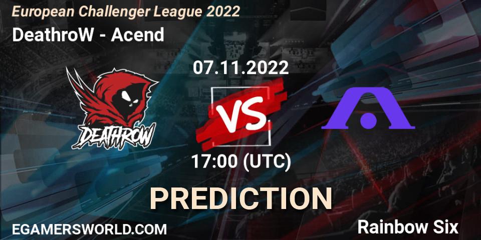 DeathroW vs Acend: Betting TIp, Match Prediction. 07.11.2022 at 17:00. Rainbow Six, European Challenger League 2022