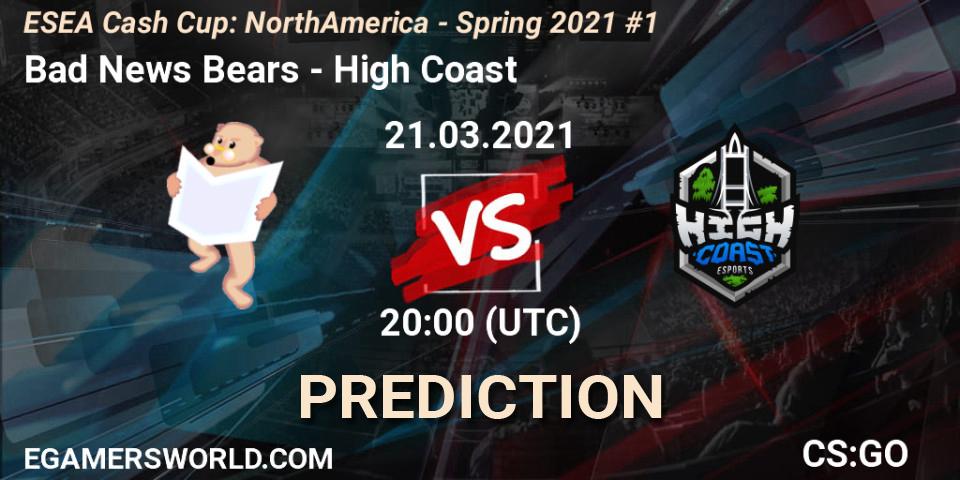 Bad News Bears vs High Coast: Betting TIp, Match Prediction. 21.03.2021 at 20:00. Counter-Strike (CS2), ESEA Cash Cup: North America - Spring 2021 #1
