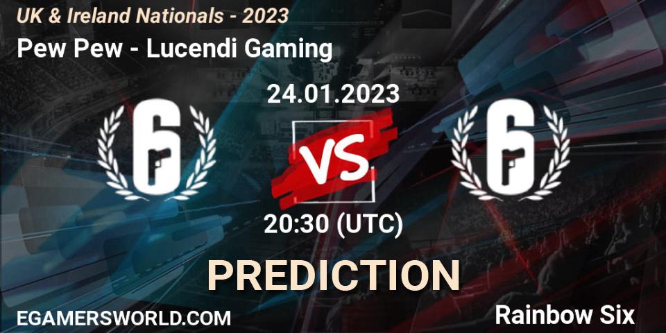 Pew Pew vs Lucendi Gaming: Betting TIp, Match Prediction. 24.01.2023 at 20:30. Rainbow Six, UK & Ireland Nationals - 2023