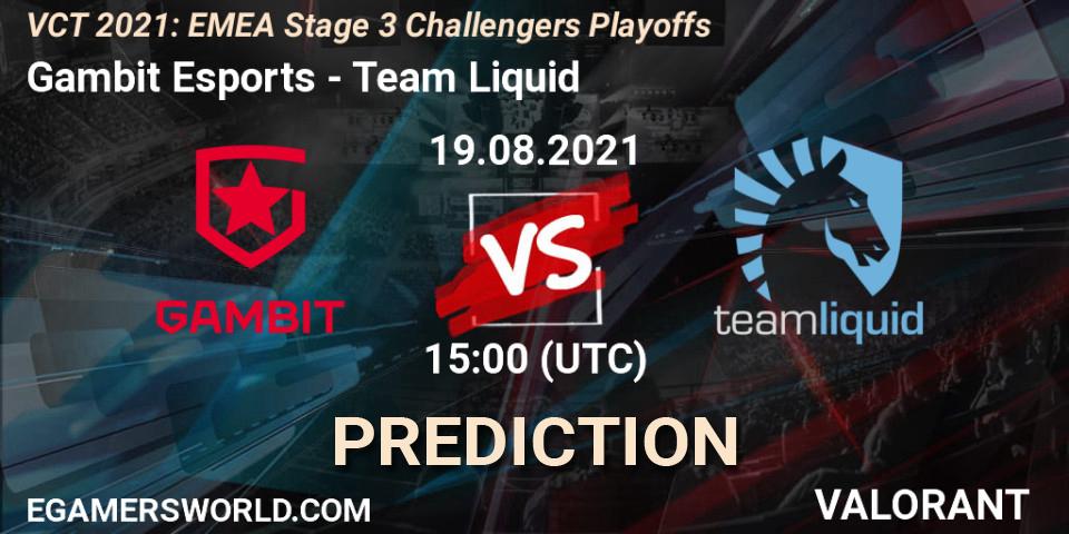 Gambit Esports vs Team Liquid: Betting TIp, Match Prediction. 19.08.2021 at 15:00. VALORANT, VCT 2021: EMEA Stage 3 Challengers Playoffs
